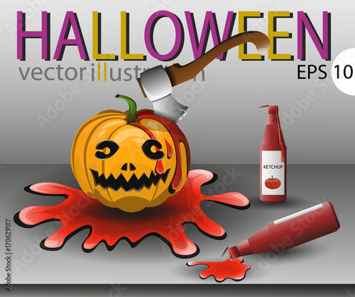 Pumpkin on Halloween with an axe and ketchup in the blood