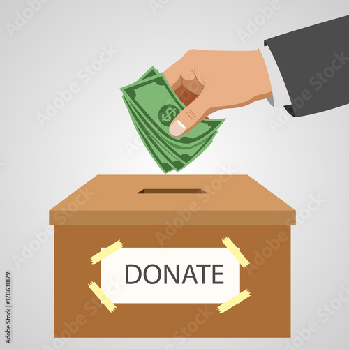 Business concept hand putting money coin in the donation box. Vector illustration