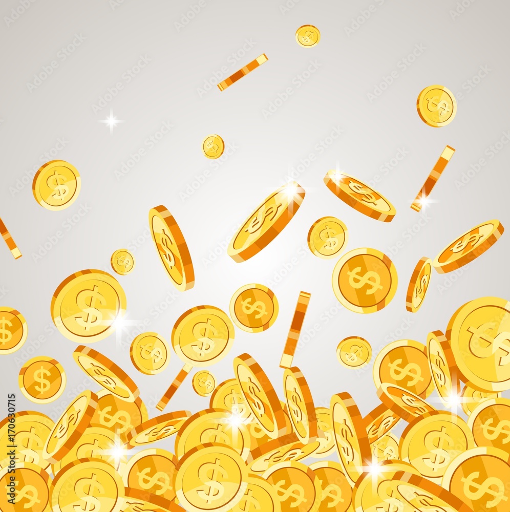 Realistic Gold coins falling down. Isolated on white background. Vector illustration