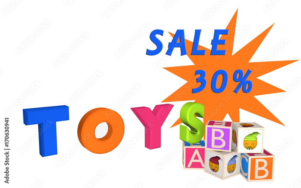 Fototapeta premium Toys als Schriftzug mit ABC Würfel und Würfel mit Emoticon und Sale 30%.
