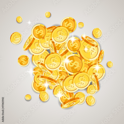 Realistic Gold coins falling down. Isolated on white background. Vector illustration