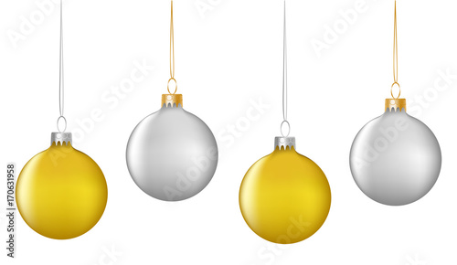 Vector realistic decorative border with gold and silver hanging christmas balls on white background