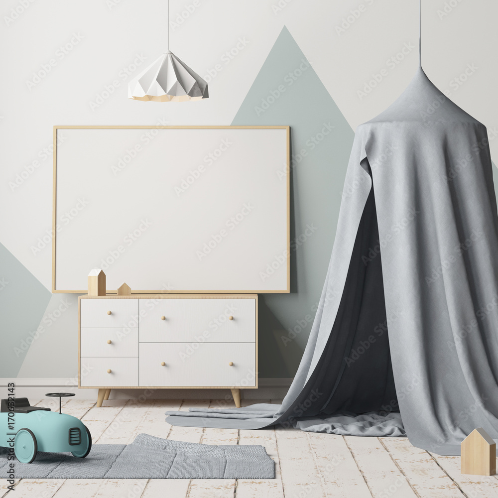 Mock up poster in the children's bedroom with a canopy. Scandinavian style. 3d Mock up poster in the children's bedroom with a canopy. Scandinavian style. 3d