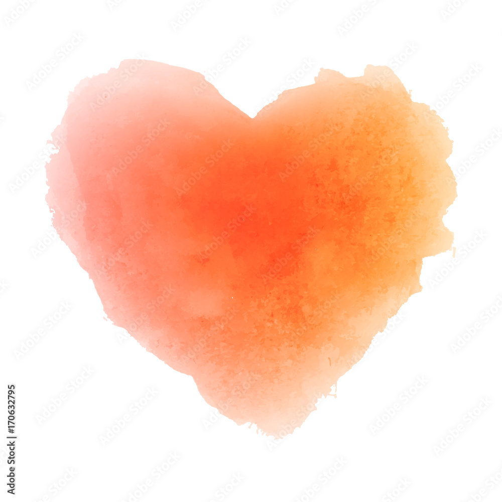 Watercolor orange hand drawn paper texture isolated heart shaped stain on white background for valentines day or autumn design. Abstract vector illustration. Grunge styled wet brush romantic painting.