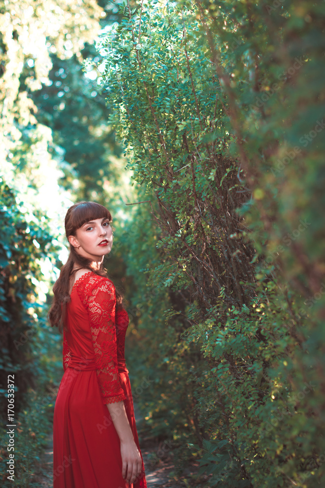 Beautiful young girl in a long red dress in an autumn park.