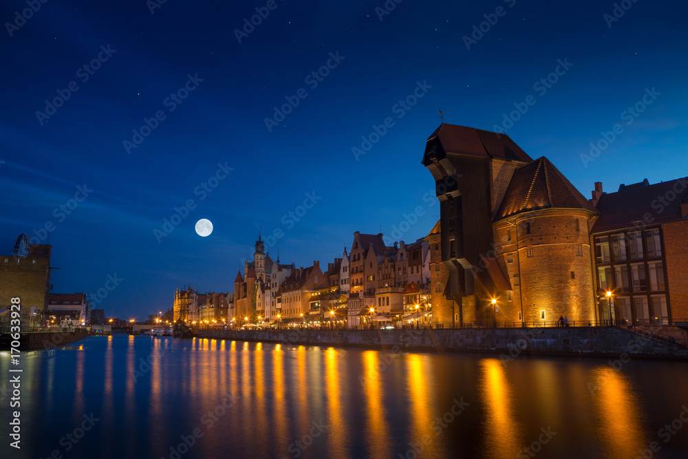 Harbor at Motlawa river with old town of Gdansk in Poland.
