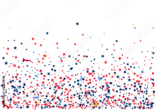 Abstract background with flying red blue silver stars confetti isolated. Blank festive template for usa patriotic holidays