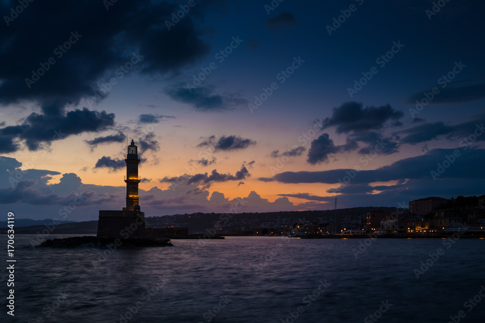 Lighthouse on sunset. Chania, Crete, Greece.