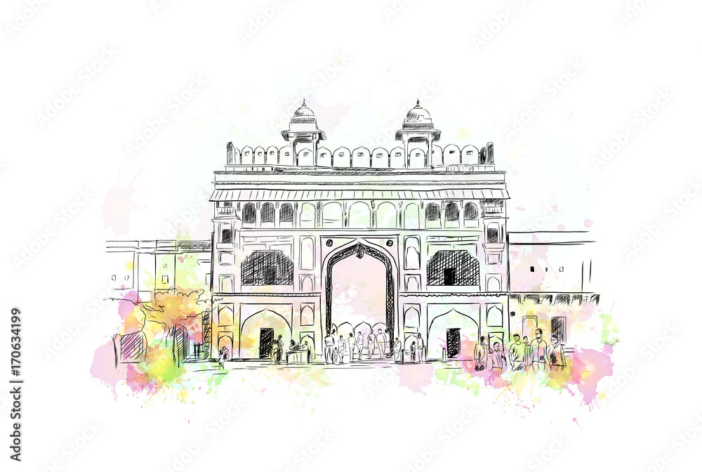 Watercolor sketch of Amer fort Jaipur India in vector illustration.