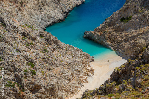 Secret beach on remote island. Rizoskloko  Seitan Limani   Crete  Greece.