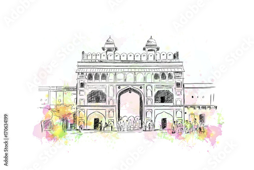 Valokuvatapetti Watercolor sketch of Amer fort Jaipur India in vector illustration