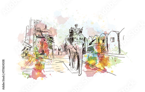 Watercolor sketch of Amer fort Jaipur India in vector illustration.