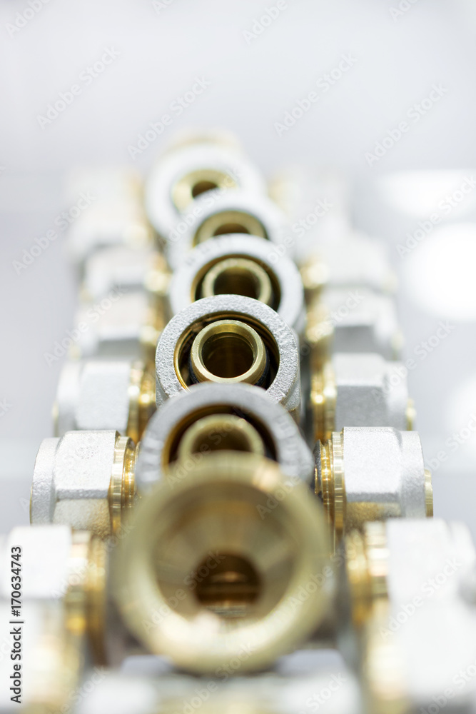 Fototapeta premium The brass tees placed in a linear row.