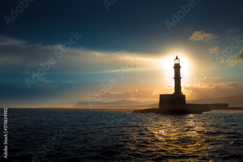 Lighthouse on sunset. Chania, Crete, Greece.