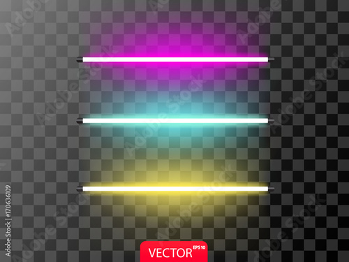 Realistic set of neon line in violet? blue and yellow color. Vector illustration on transparent background.