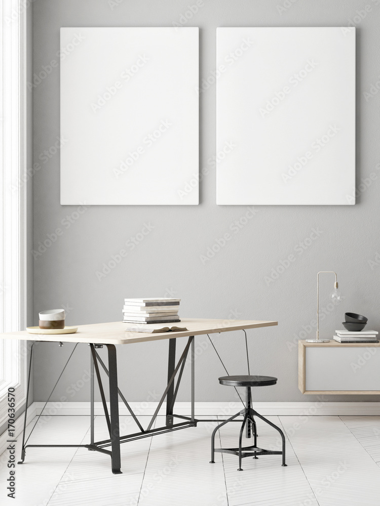 Office with two posters on gray wall, 3d illustration