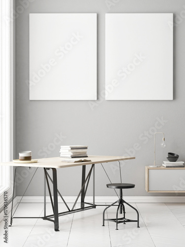 Office with two posters on gray wall, 3d illustration