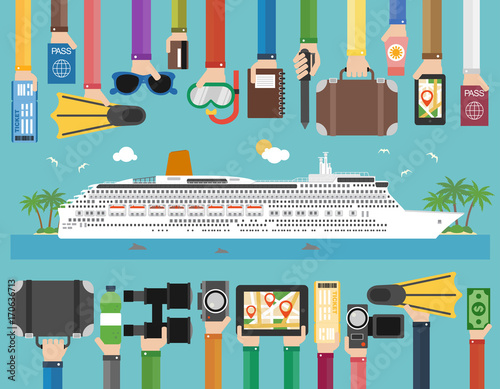 Time to travel cruise passenger liner flat design.Vector illustration