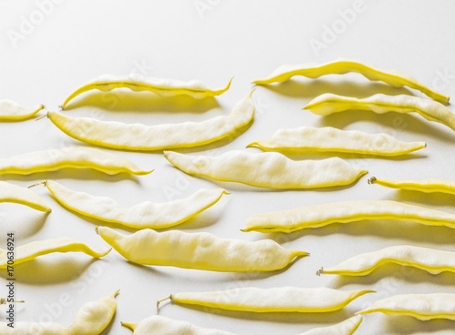 Yellow beans closeup group lined up on white background in studio