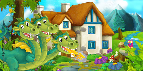 Cartoon scene of a dragon flying near the village - illustration for the children