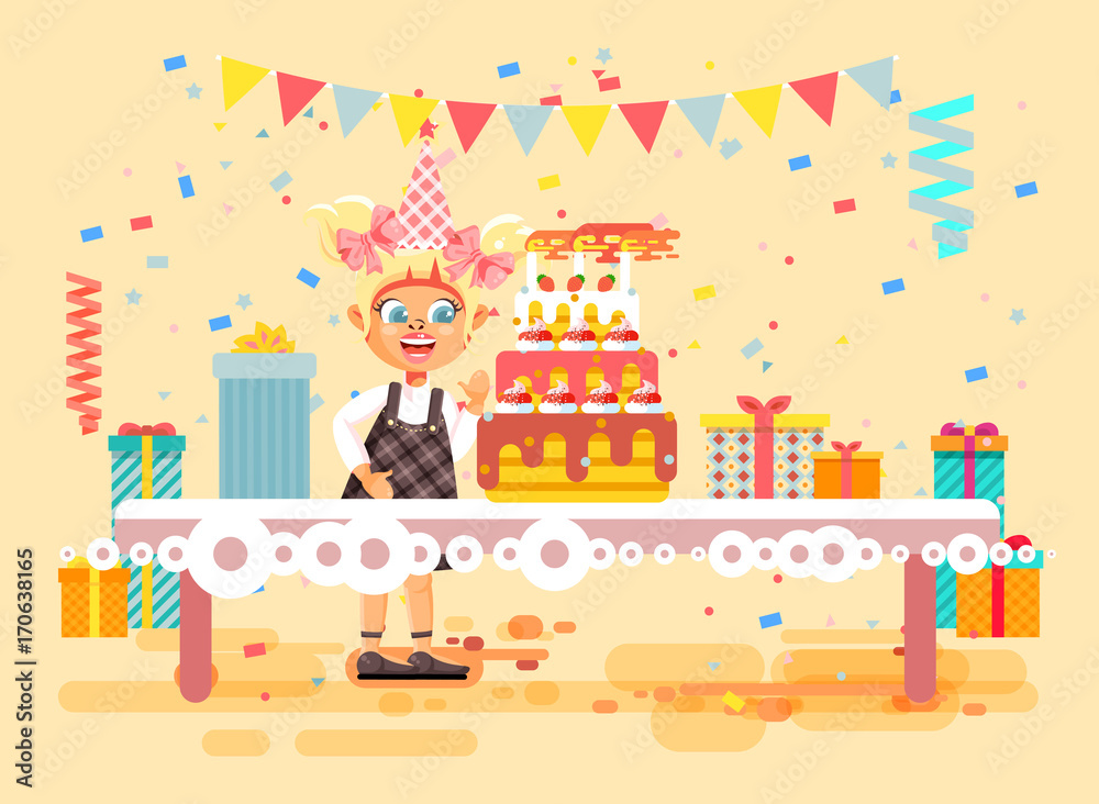 Vector illustration cartoon character child lonely blonde girl celebrate happy birthday, congratulating give gifts, huge festive cake with candles and confetti flat style on beige background