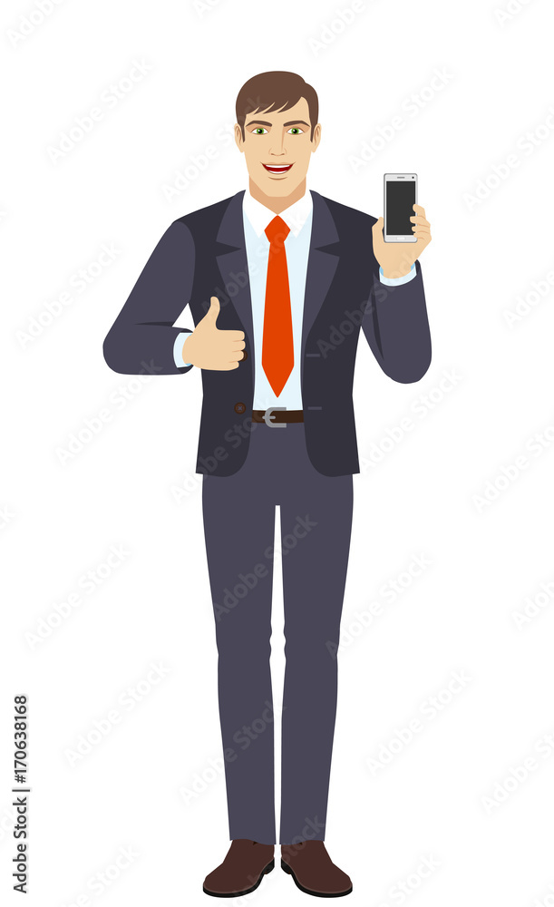 Businessman with mobile phone showing thumb up Businessman with mobile phone showing thumb up