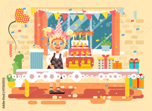 Vector illustration cartoon character child lonely blonde girl celebrate happy birthday, congratulating give gifts, huge festive cake with candles and confetti flat style on background of window
