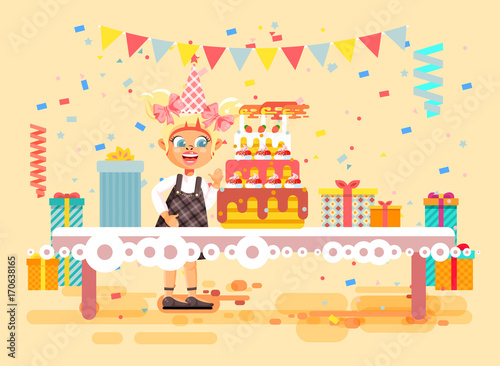 Vector illustration cartoon character child lonely blonde girl celebrate happy birthday, congratulating give gifts, huge festive cake with candles and confetti flat style on beige background