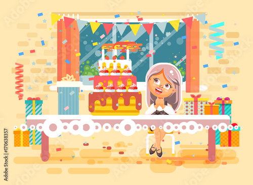 Vector illustration cartoon character child lonely blonde girl celebrate happy birthday, congratulating give gifts, huge festive cake with candles and confetti flat style on background of window