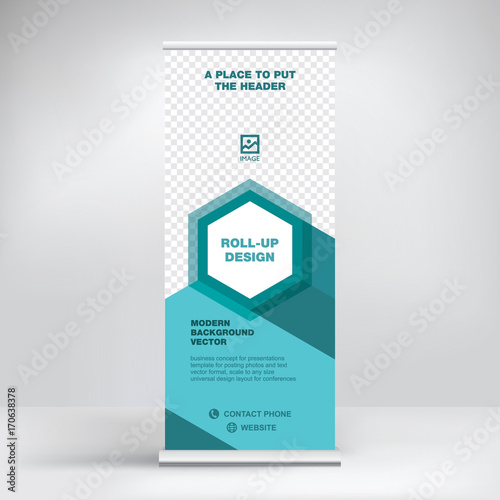 Banner roll-up vector, graphic template for the exhibition stand, for the conference, accommodation advertising information and photos. Business concept, vector background.