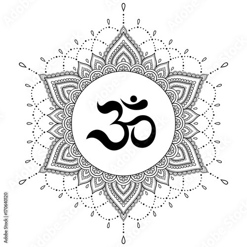Circular pattern in the form of a mandala. OM decorative symbol. Mehndi style. Decorative pattern in oriental style with the ancient Hindu mantra OM. Henna tattoo pattern in Indian style.
