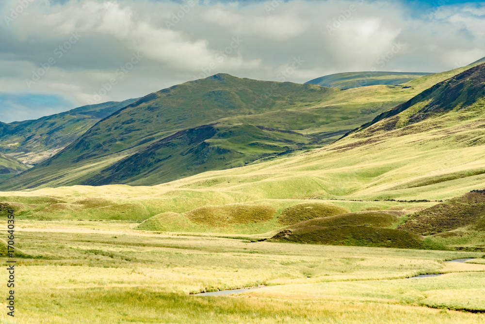 panorama of Cairngorm, Scottish highland mountain range in summer