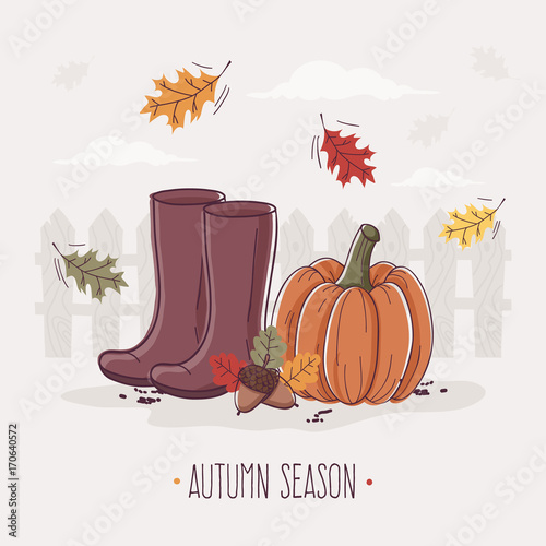 Autumn Garden with Pumpkin, Rubber Boots and Leaves. 