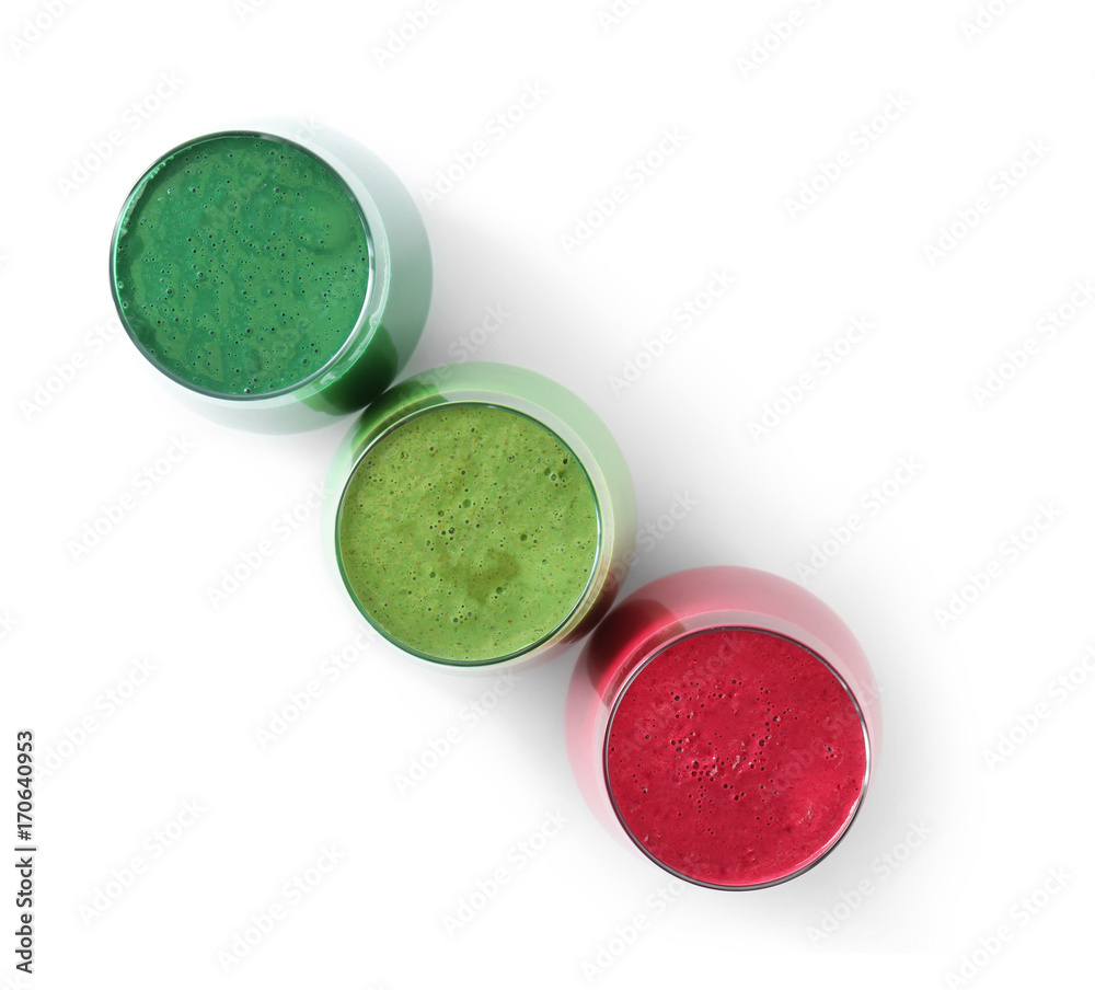 Glasses with different smoothies on white background Glasses with different smoothies on white background