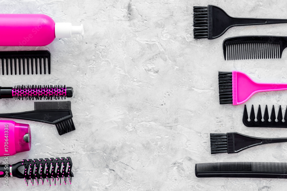 beauty salon pink work tools with comb for hair dress and coloring on stone  background top view mock up Stock Photo | Adobe Stock