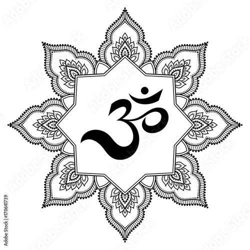 Circular pattern in the form of a mandala. OM decorative symbol. Mehndi style. Decorative pattern in oriental style with the ancient Hindu mantra OM. Henna tattoo pattern in Indian style.