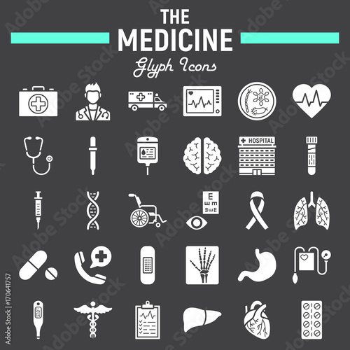 Medicine glyph icon set  medical symbols collection  healthcare vector sketches  logo illustrations  anatomy signs solid pictograms package isolated on black background  eps 10.