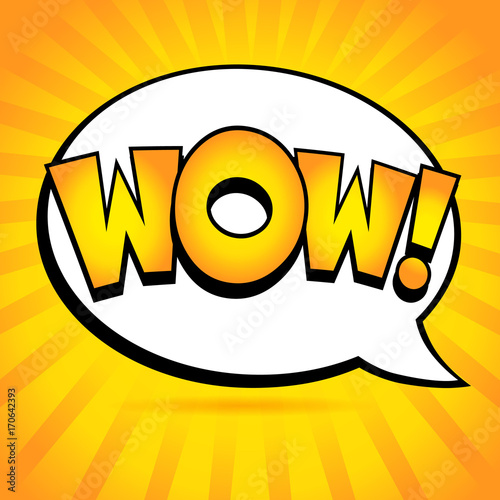 WOW message in speech bubble on yellow stripes. Comic vector speech bubble with emotional text Wow! Bright dynamic cartoon for promotional background, presentation poster