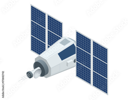 GPS satellite. Flat 3d vector isometric illustration. Wireless satellite technology. World global net.