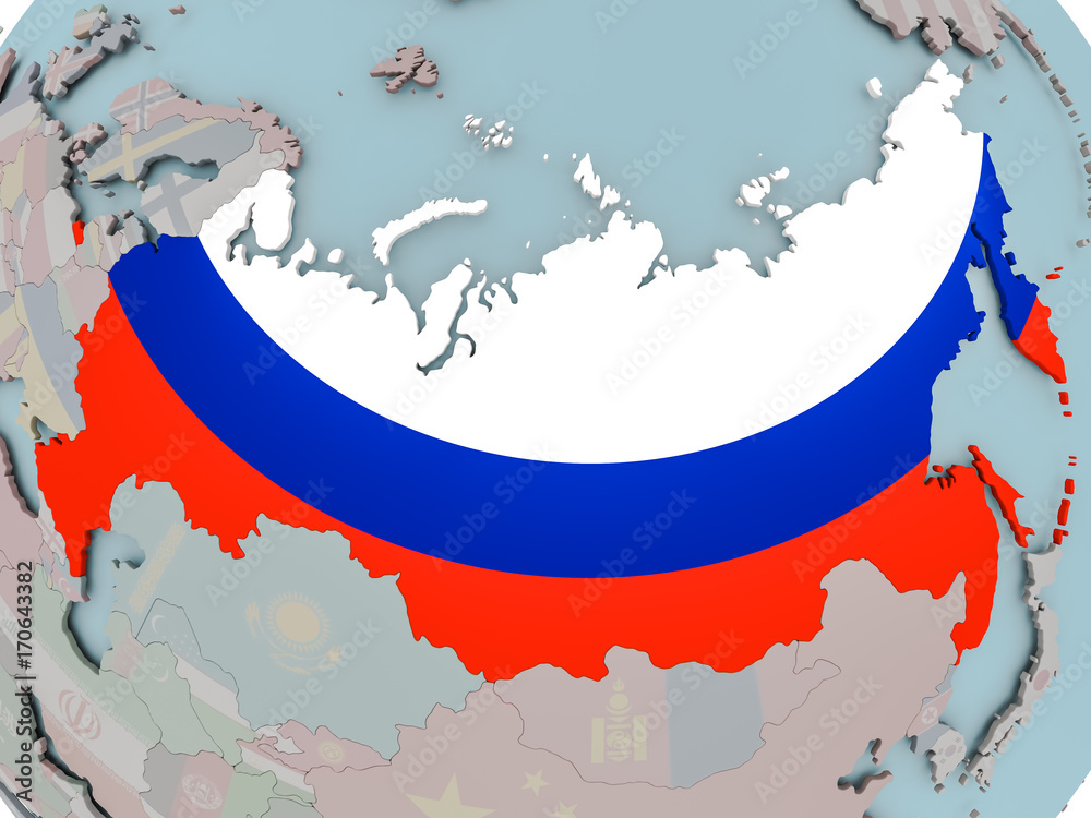 Fototapeta premium Russia on political globe with flag