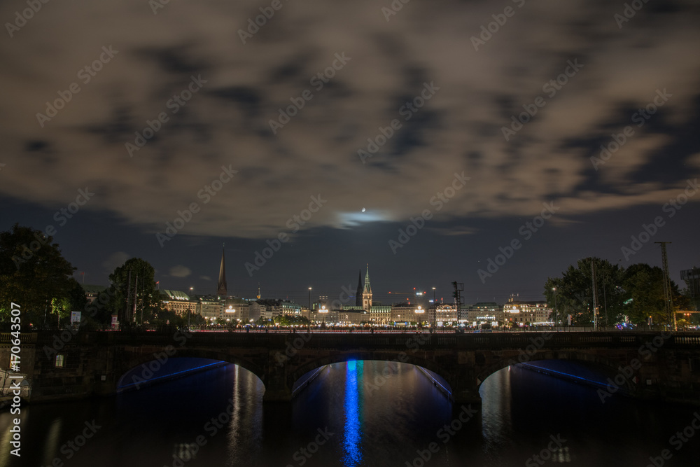 nightly panorama of Hamburg - Inner City with full moon