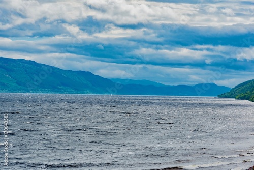 panorama of the Scottish Highlands in England on the shores of Loch Ness lake
