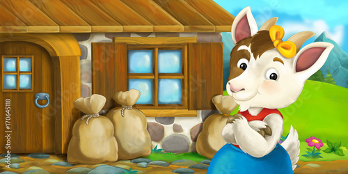 Fototapeta cartoon scene of little goat in front of village house - illustration for children