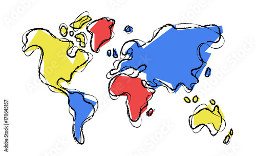 World map doodle sketch color illustration concept