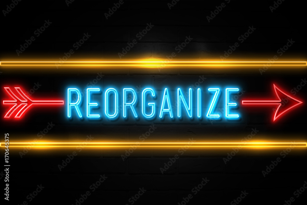 Reorganize  - fluorescent Neon Sign on brickwall Front view