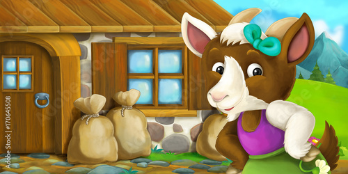 Fototapeta cartoon scene of little goat in front of village house - illustration for children
