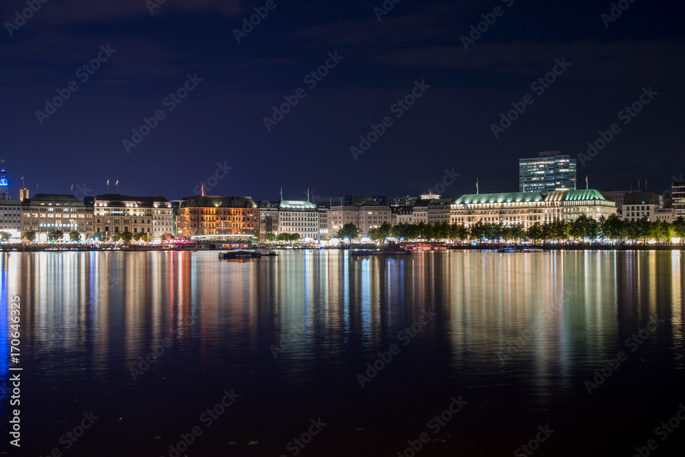 nightly panorama of Hamburg - Inner City with laser beam