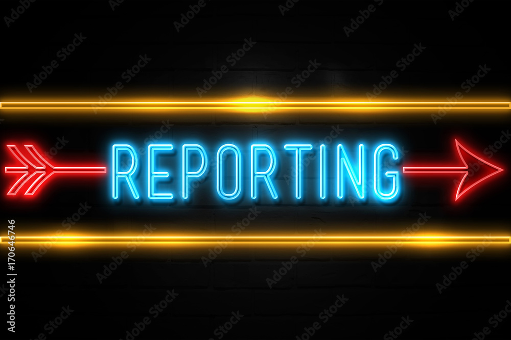 Reporting - fluorescent Neon Sign on brickwall Front view Reporting - fluorescent Neon Sign on brickwall Front view