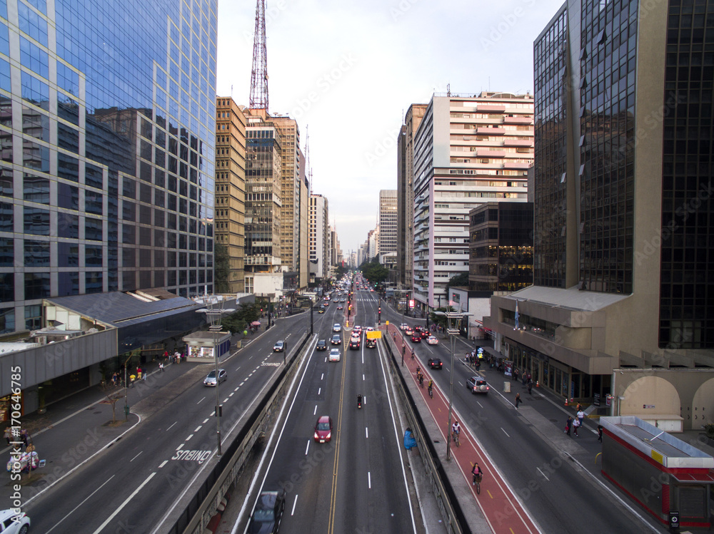 Sao Paulo, Brazil, August, 2017. Aerial view on Paulista Avenue, in Sao Paulo city