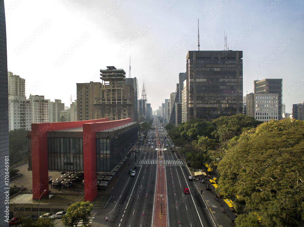 MASP, Brazil, August, 2017. Aerial view on Paulista Avenue, in Sao Paulo city